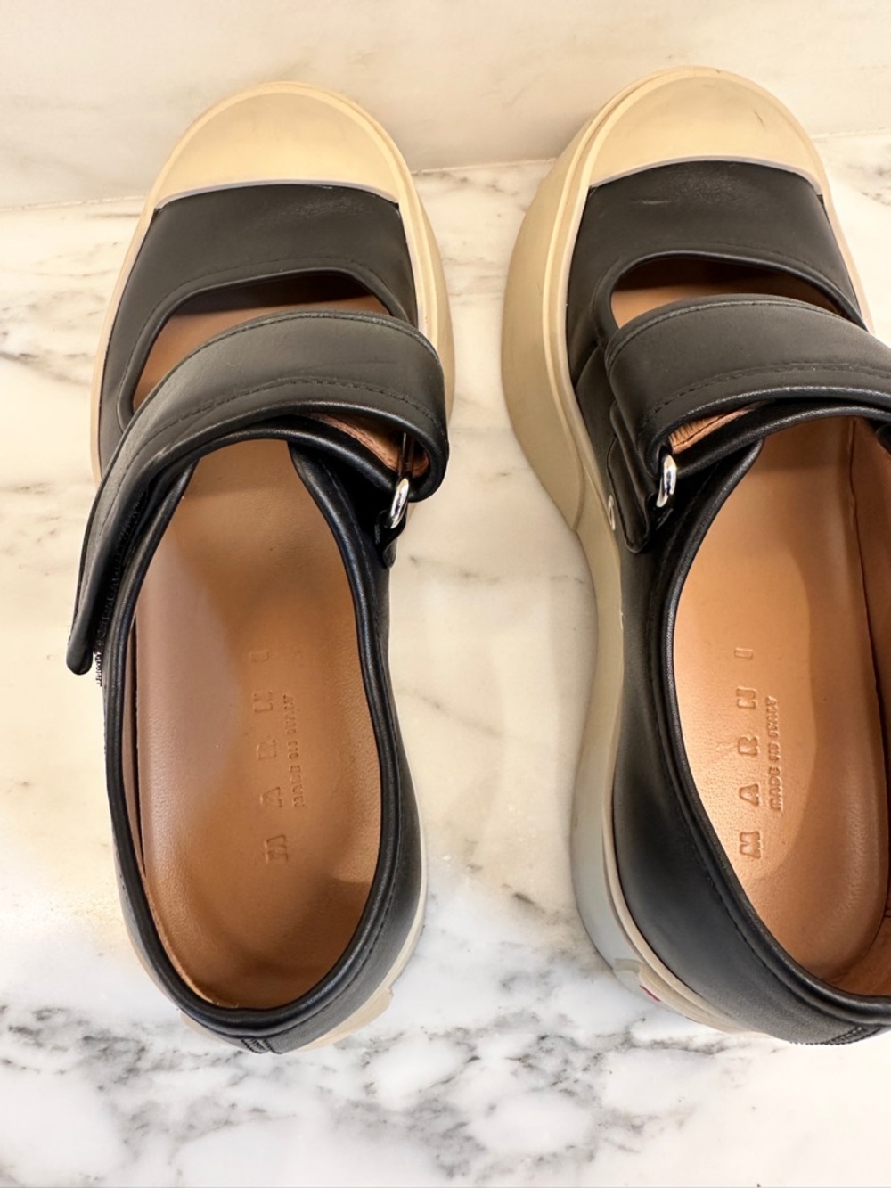 MARNI women’s Black Leather Mary Jane Sneaker with White Platform Sole. - Picture 3 of 11